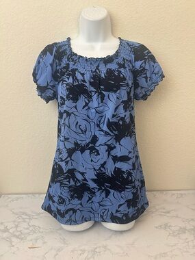 Style & Co Top Boho Peasant Short Sleeve Womens S Blue Pullover Ruffle Floral